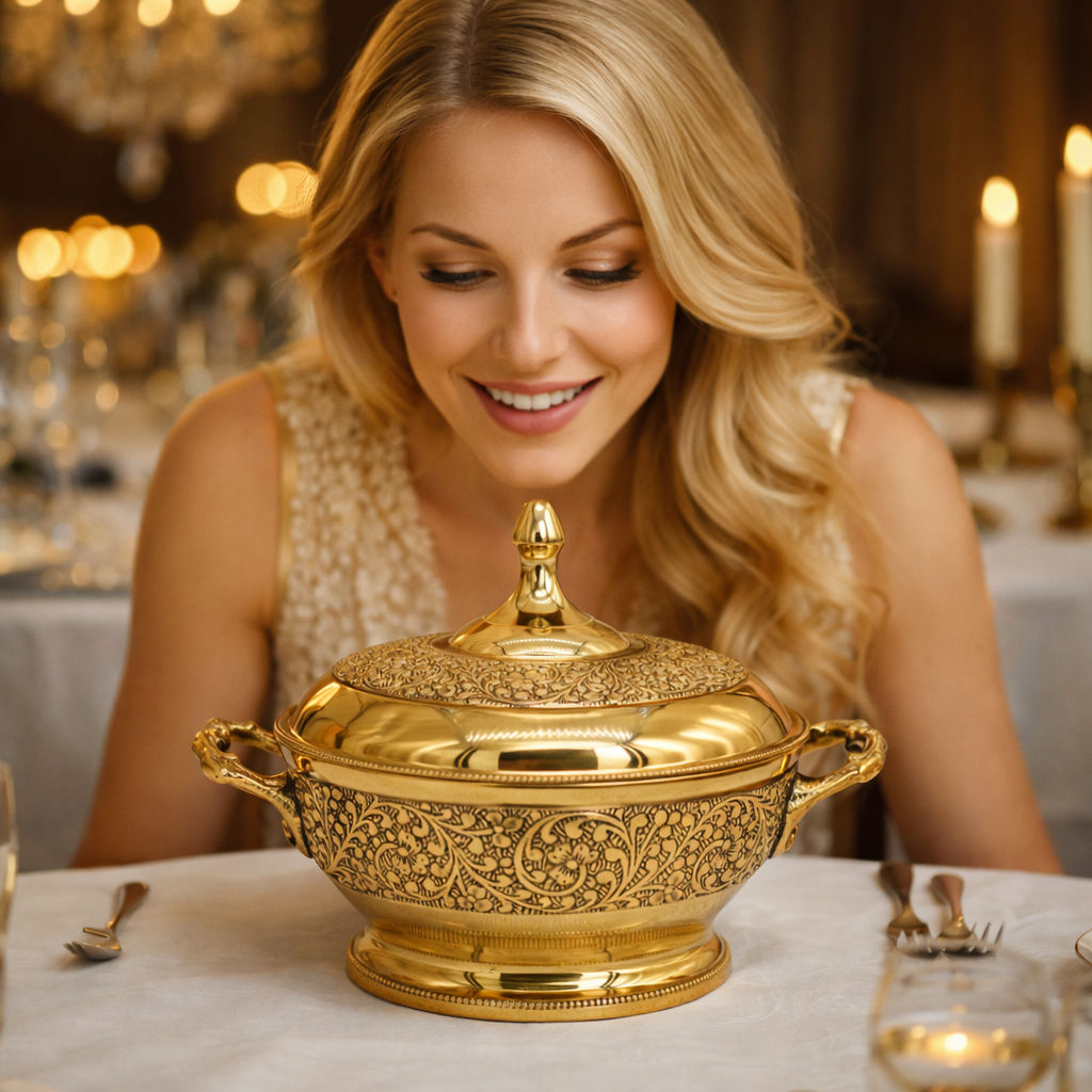 Brass Casserole With Flower Embossed Design, Serveware Tableware for Home & Hotel -700 ML